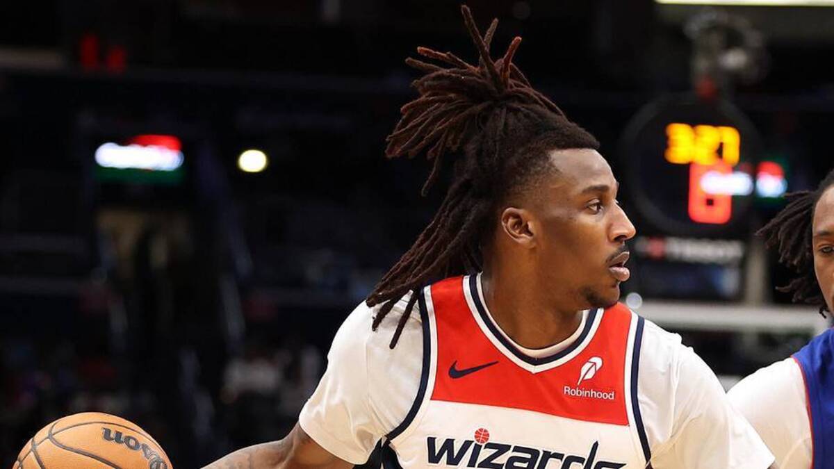  Mar 17, 2026; Washington, District of Columbia, USA; Washington Wizards guard Jamir Watkins (5) drives past Detroit Pistons forward Ronald Holland II (5) during the second half at Capital One Arena. Mandatory Credit: Daniel Kucin Jr.-Imagn Images | Daniel Kucin Jr.-Imagn Images 