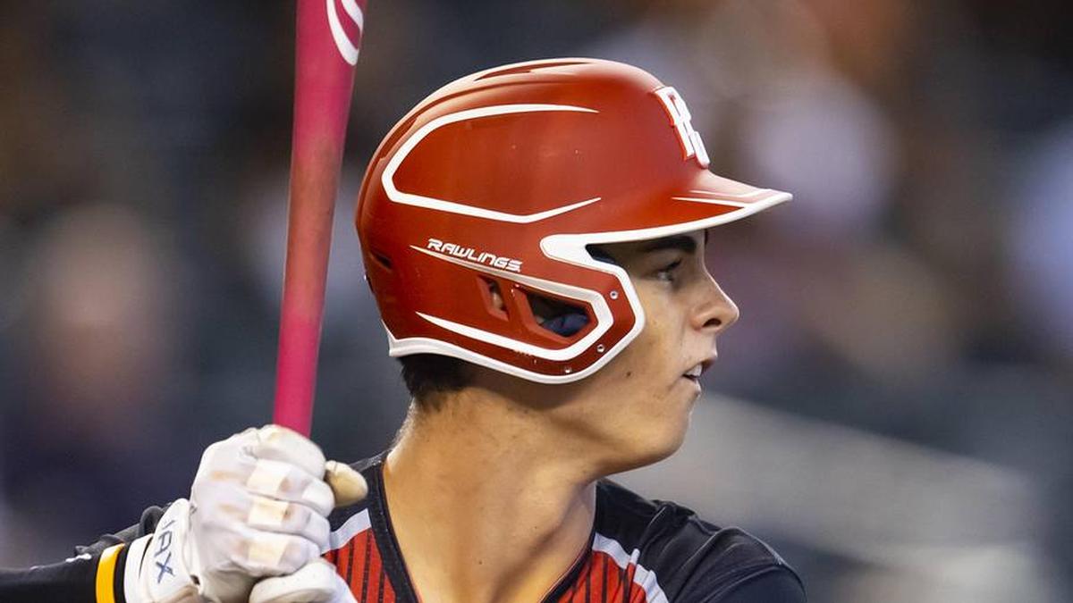  Aug 28, 2022; Phoenix, Arizona, US; West outfielder Will Gasparino (23) during the Perfect Game All-American Classic high school baseball game at Chase Field. Mandatory Credit: Mark J. Rebilas-Imagn Images | Mark J. Rebilas-Imagn Images 