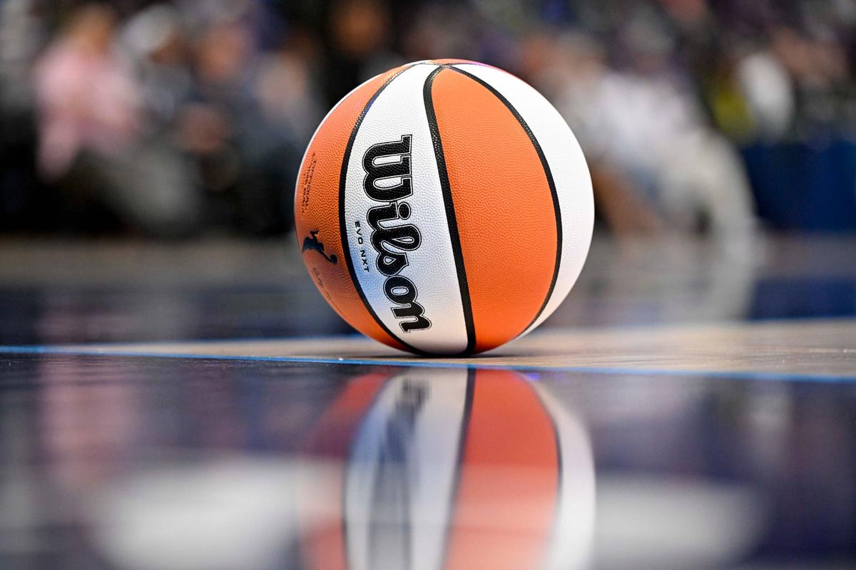  Jun 28, 2025; Arlington, Texas, USA; A view of a Wilson WNBA basketball during the game between the Dallas Wings and the Washington Mystics at College Park Center. Mandatory Credit: Jerome Miron-Imagn Images 