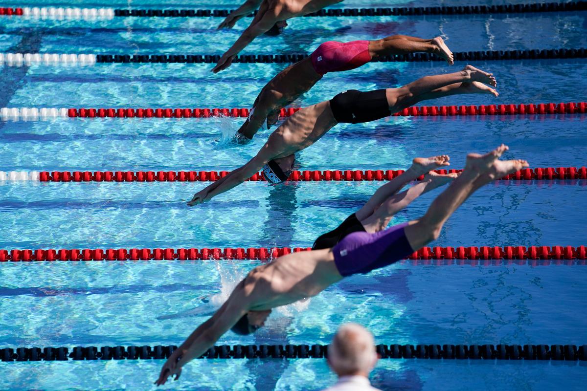 The proposed Boise pool center could support national competitions, organizers say. Here, swimmers dive in at the start of the men’s 50-meter freestyle at the U.S. Open swimming championships last November in Irvine, California.
