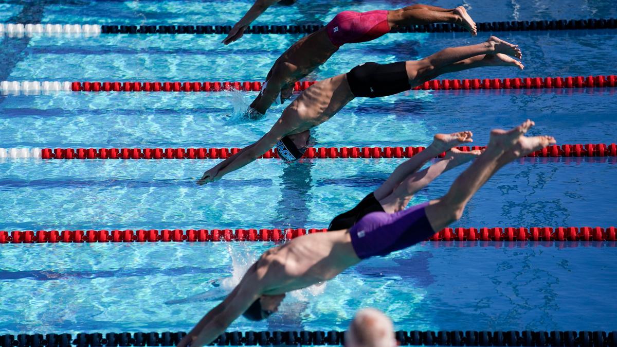 The proposed Boise pool center could support national competitions, organizers say. Here, swimmers dive in at the start of the men’s 50-meter freestyle at the U.S. Open swimming championships last November in Irvine, California.