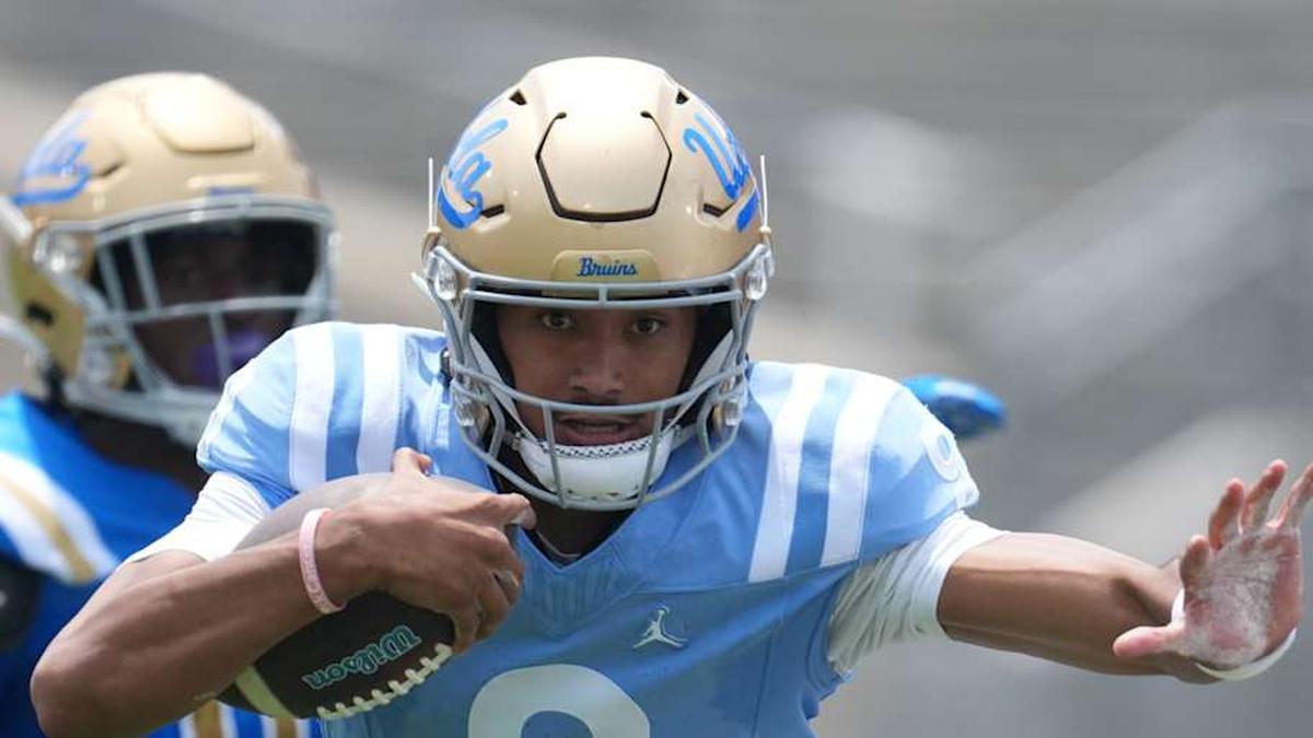  May 2, 2026; Pasadena, CA, USA; UCLA Bruins quarterback Nico Iamaleava (9) carries the ball during the spring game at Rose Bowl. Mandatory Credit: Kirby Lee-Imagn Images | Kirby Lee-Imagn Images 