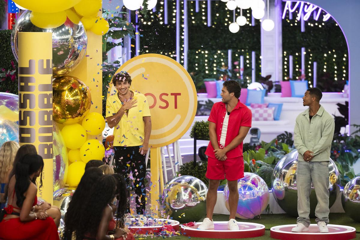 LOVE ISLAND USA -- Episode 727 -- Pictured: (l-r) Elan Bibas, Thomas John TJ Palma, Ace Green -- (Photo by: Ben Symons/Peacock)
