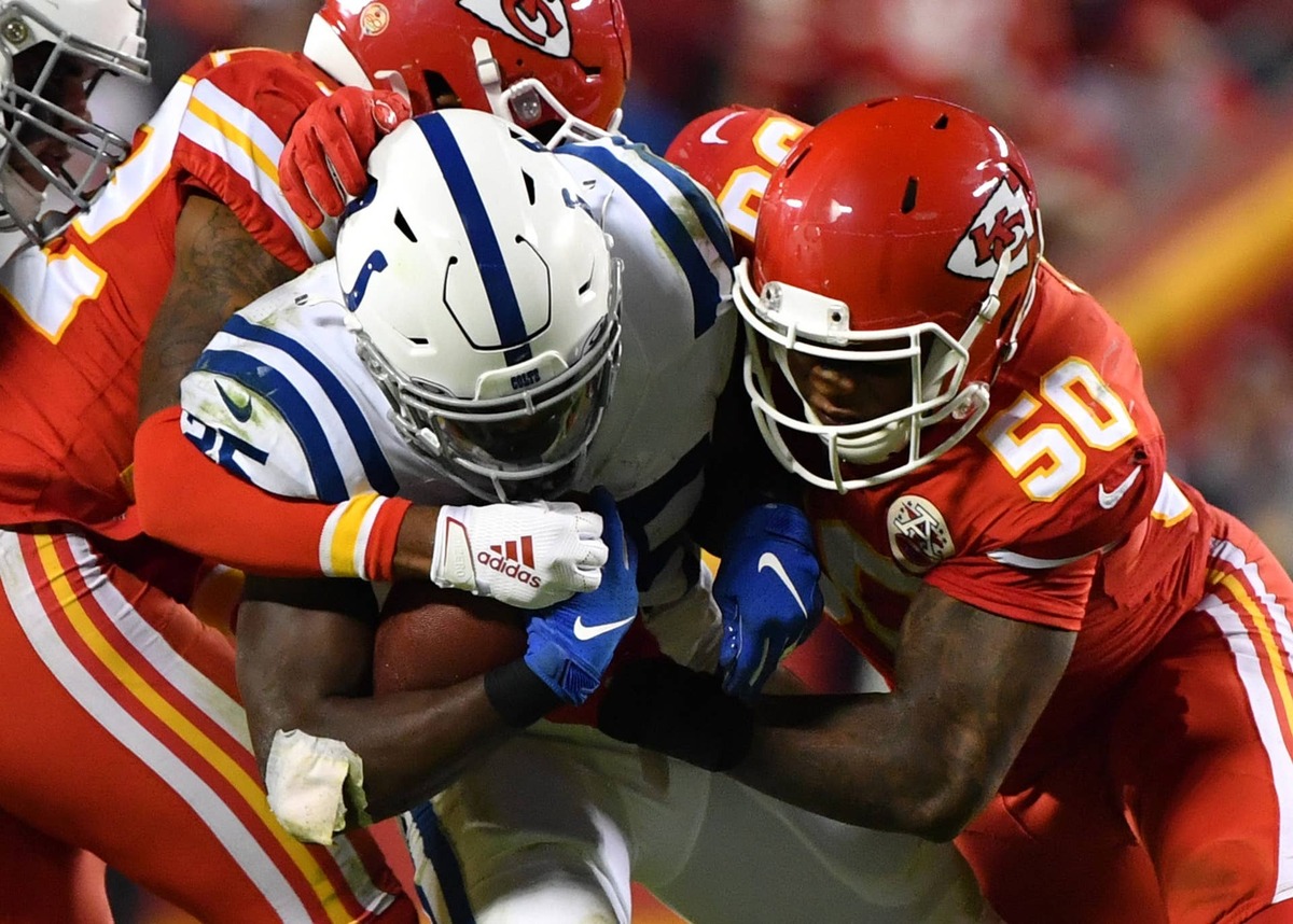  KANSAS CITY, MO - OCTOBER 06: Inside linebacker Darron Lee #50 of the Kansas City Chiefs tackles running back Marlon Mack #25 of the Indianapolis Colts during the second half at Arrowhead Stadium on October 6, 2019 in Kansas City, Missouri. (Photo by Peter Aiken/Getty Images) 