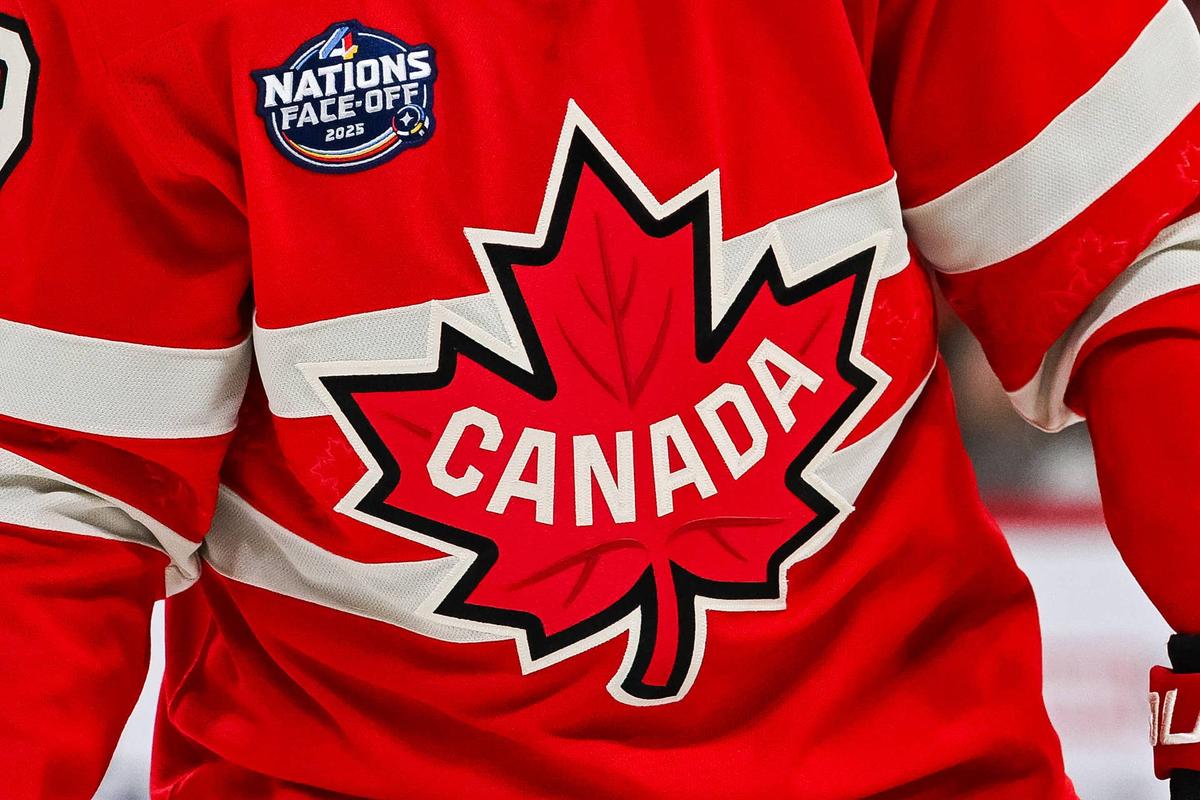  Team Canada logo on a jersey worn by a member of the team during the 4 Nations Face-Off. David Kirouac-Imagn Images