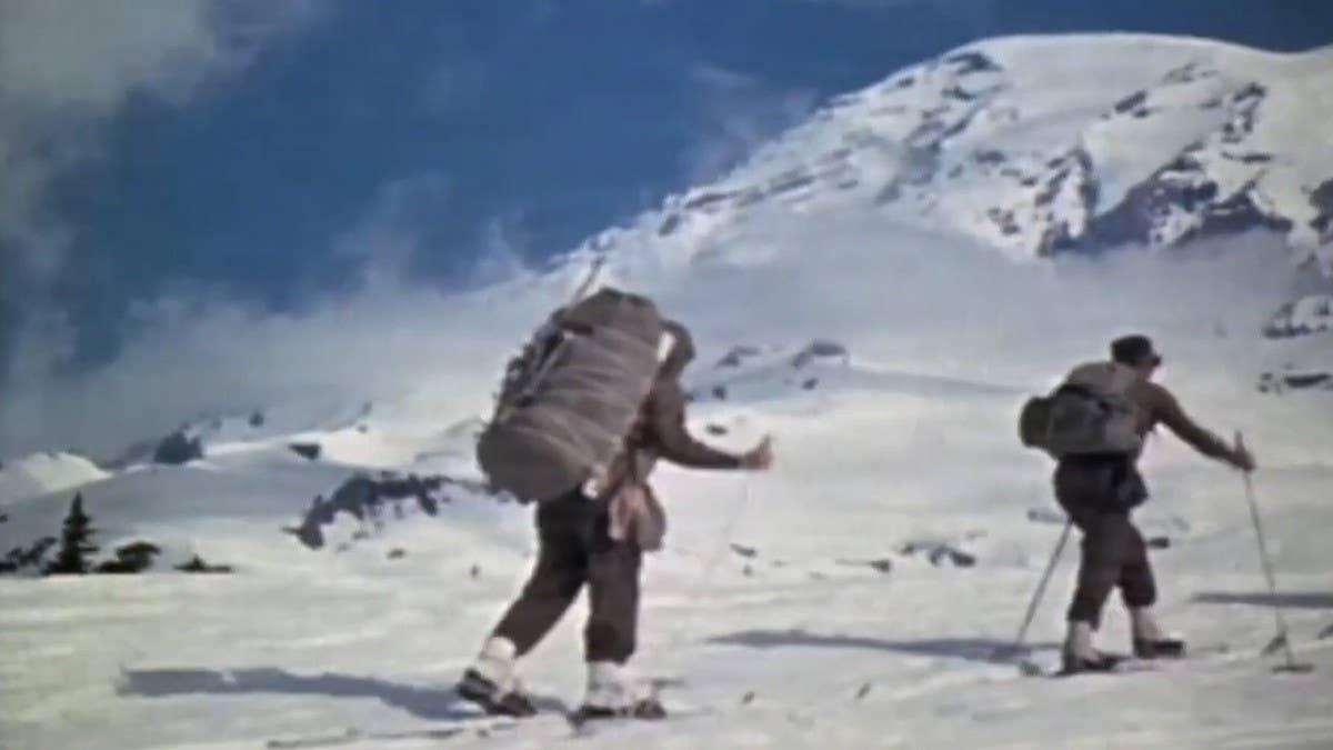  10th Mountain Division soldiers testing equipment pulled from World War II era footage.