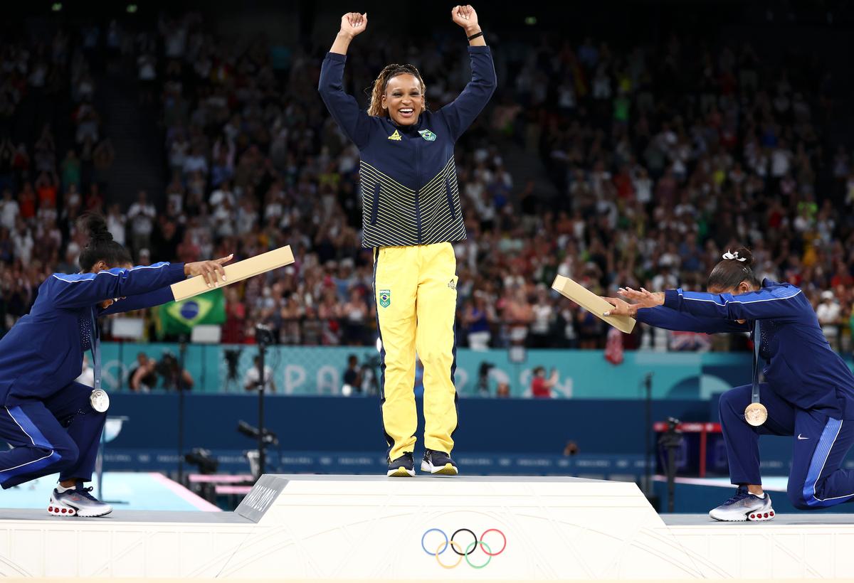  Simone Biles, Rebecca Andrade and Jordan Chiles at the 2024 Paris Olympics.Naomi Baker/Getty Images 