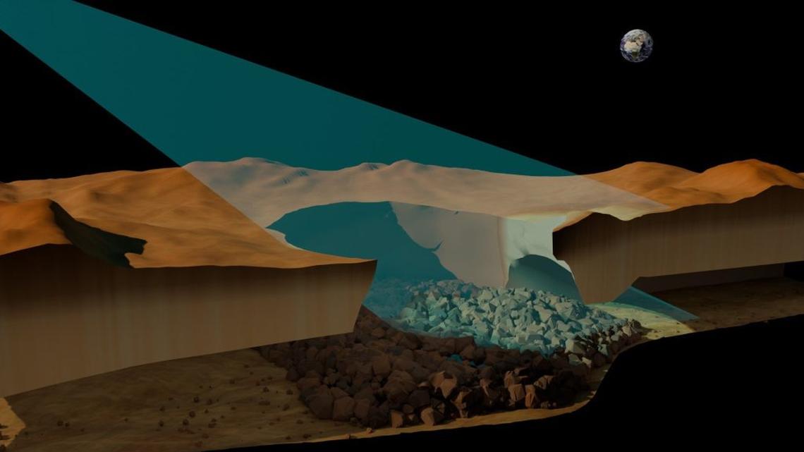 A lateral cross-sectional view illustrating the detected cave beneath the surface of Venus. Evidence of volcanic activity on Venus has been confirmed for the first time. (RSLab, University of Trento via SWNS). 