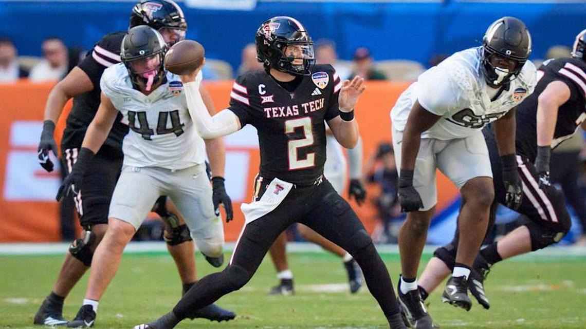  Texas Tech quarterback Behren Morton throws a pass as the Oregon Ducks take on the Texas Tech Red Raiders in the Orange Bowl on Jan. 1, 2026, at Hard Rock Stadium in Miami, Florida. | Ben Lonergan/The Register-Guard / USA TODAY NETWORK via Imagn Images 