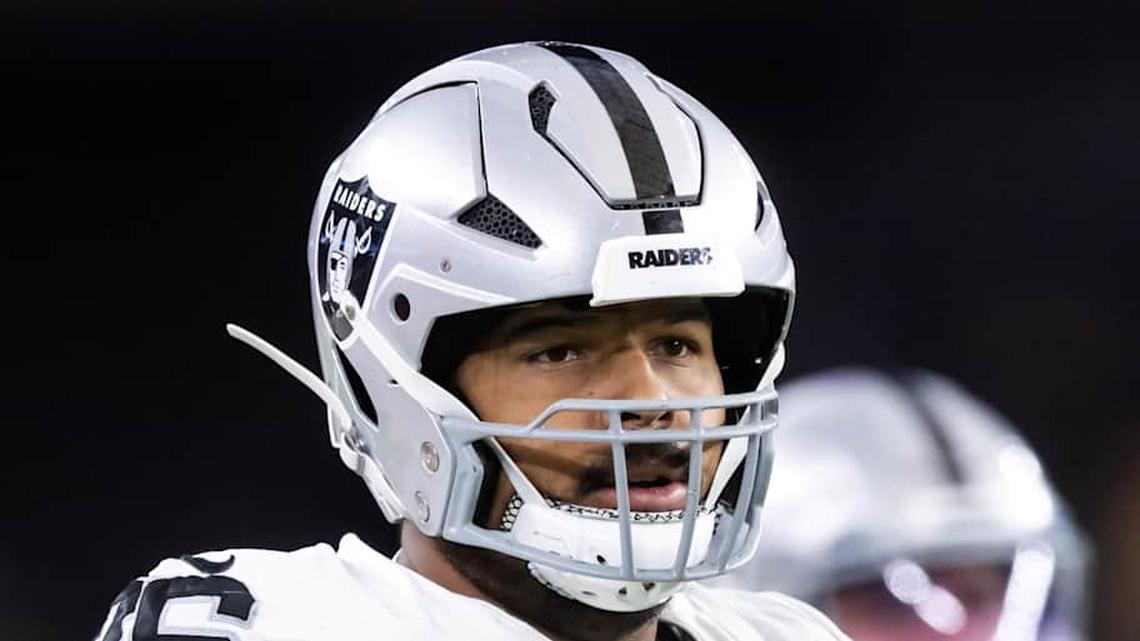  Aug 23, 2025; Glendale, Arizona, USA; Las Vegas Raiders guard Caleb Rogers (76) against the Arizona Cardinals during a preseason NFL game at State Farm Stadium. Mandatory Credit: Mark J. Rebilas-Imagn Images | Mark J. Rebilas-Imagn Images 