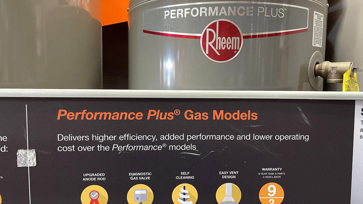 A gas powered water heater is displayed at a Home Depot store on March 15, 2023, in San Rafael, California. The Bay Area Air Quality Management District will vote today on a proposed ban on sales of natural gas water heaters in the nine San Francisco Bay Area counties by 2027 to help lower pollution from smog-forming nitrogen oxides. (Justin Sullivan/Getty Images/TNS)