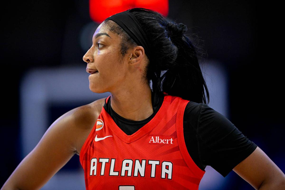  May 12, 2026; Arlington, Texas, USA; Atlanta Dream forward Angel Reese (5) looks on during the game between the Wings and the Dream at College Park Center. Mandatory Credit: Jerome Miron-Imagn Images 