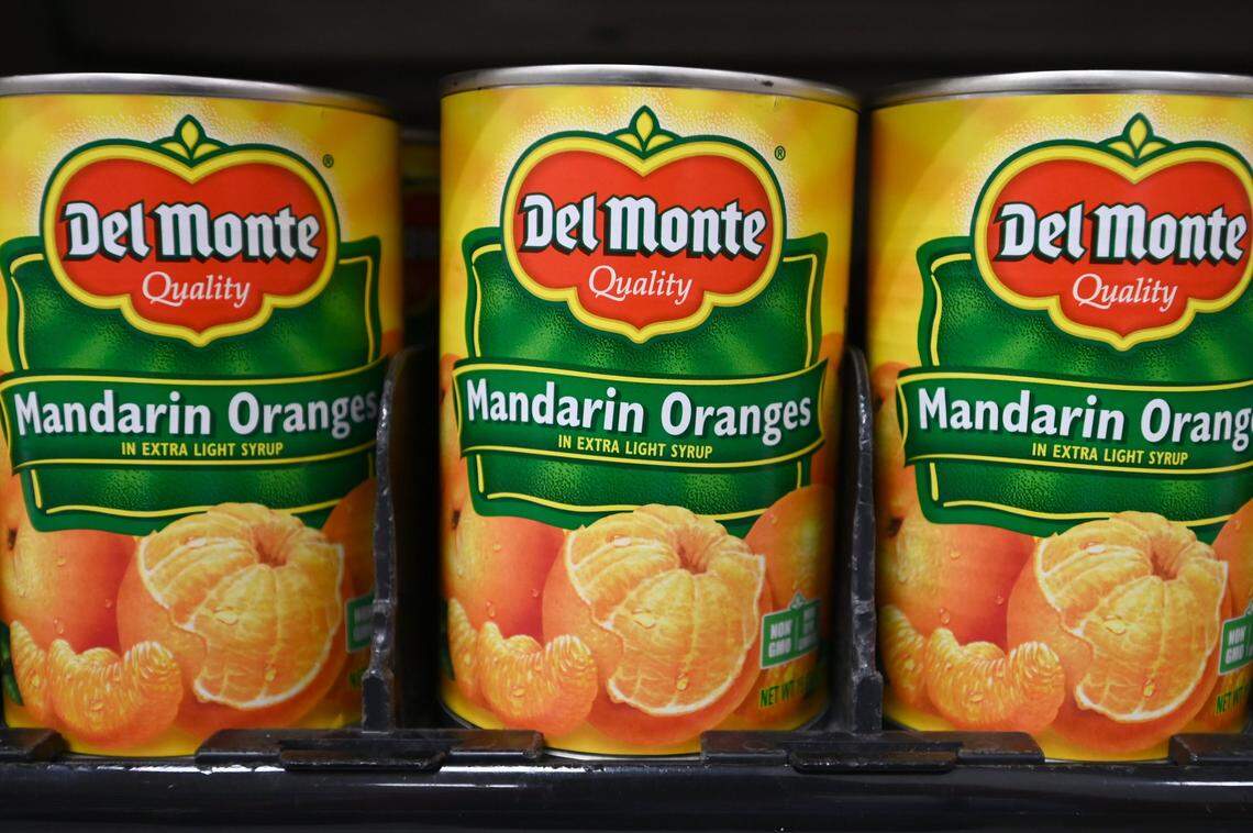 Del Monte canned fruit displayed on shelves at a grocery store in New York on July 7, 2025.