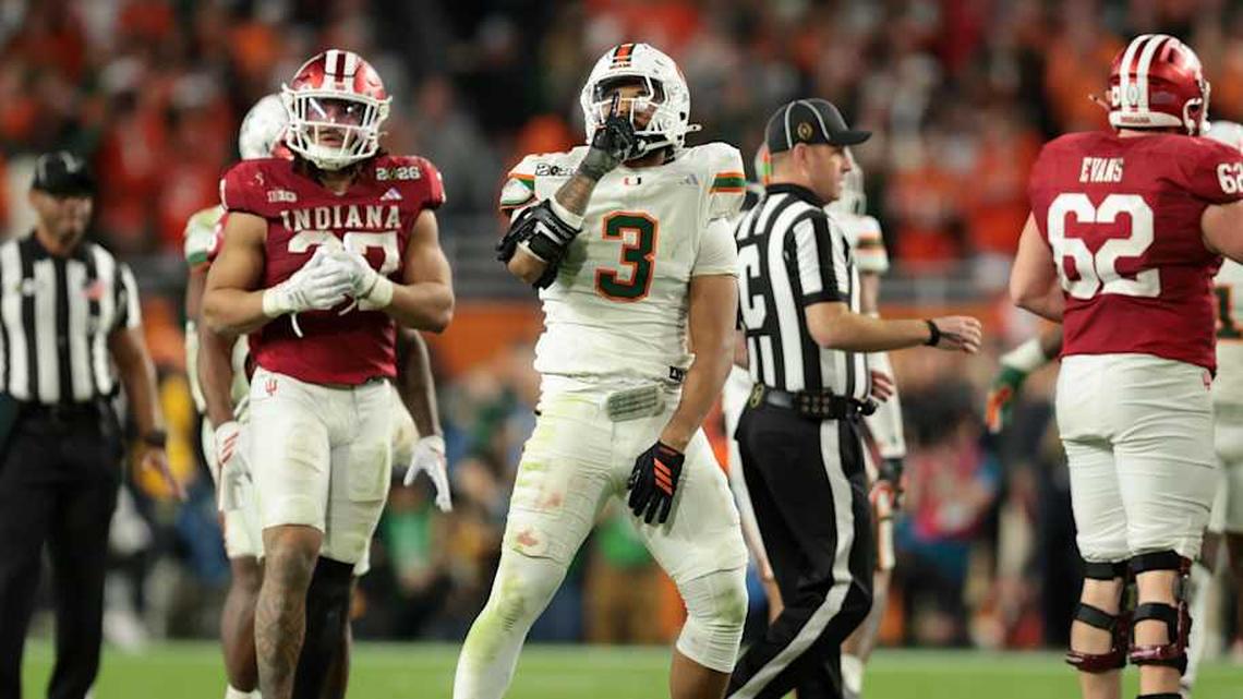  Jan 19, 2026; Miami Gardens, FL, USA; Miami Hurricanes defensive lineman Akheem Mesidor (3) celebrates after a sack against the Indiana Hoosiers in the third quarter during the College Football Playoff National Championship game at Hard Rock Stadium. Mandatory Credit: Sam Navarro-Imagn Images | Sam Navarro-Imagn Images 