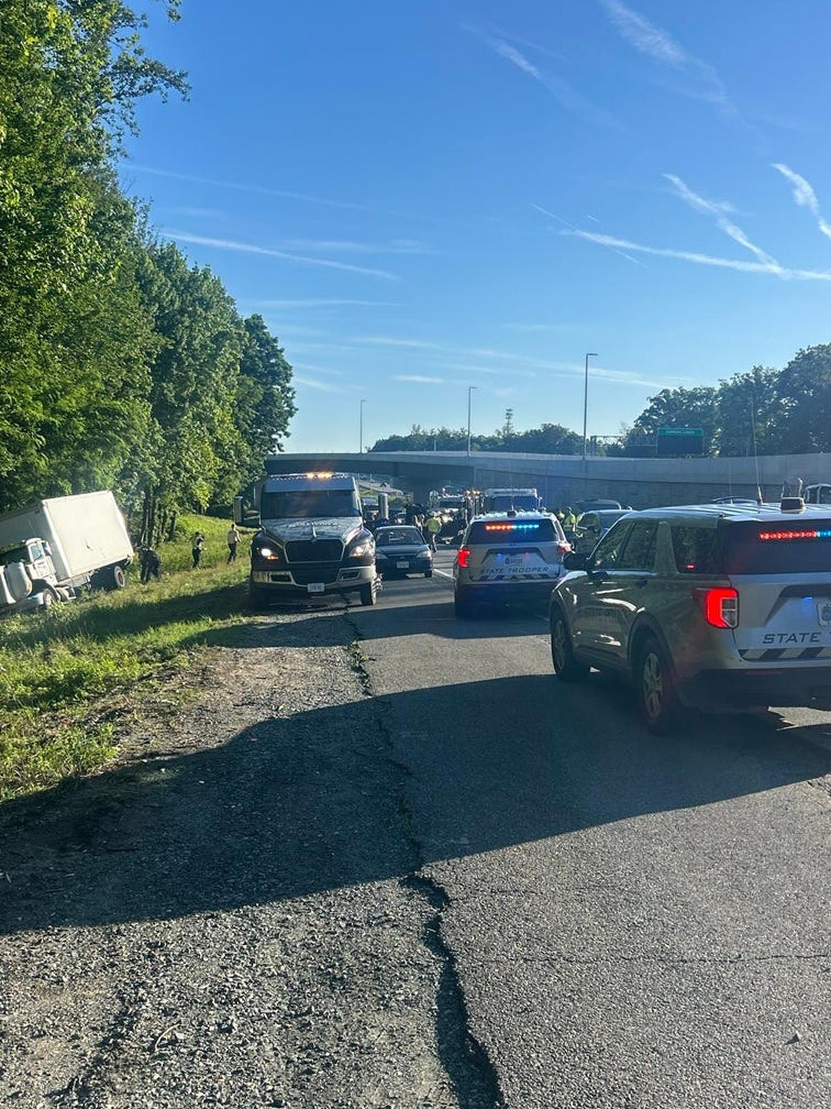 Authorities respond to the scene of a bus crash in the southbound lanes of Interstate 95 in Stafford County, Virginia, where multiple people were killed and injured on May 29, 2026.
