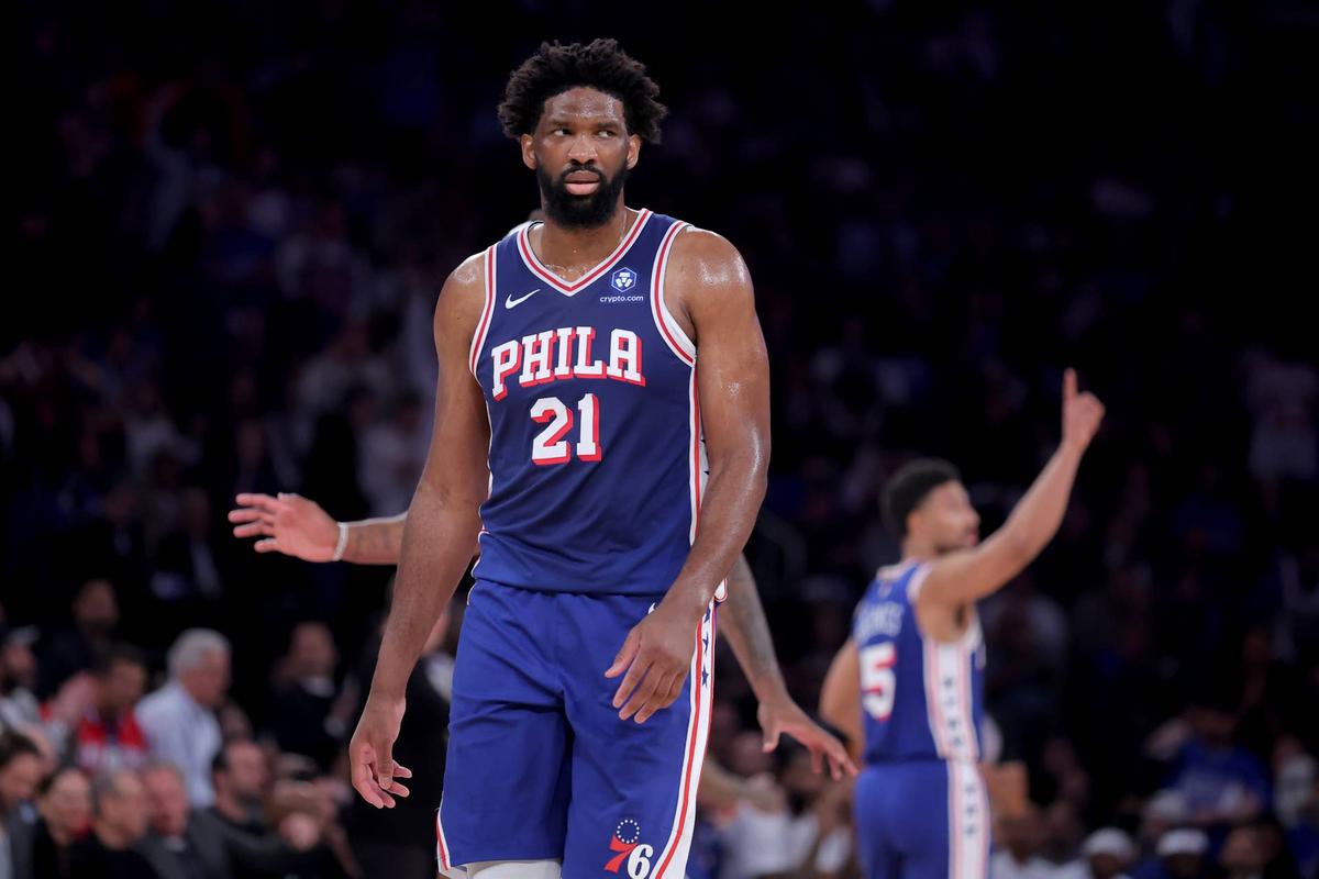  May 4, 2026; New York, New York, USA; Philadelphia 76ers center Joel Embiid (21) reacts during the first quarter of game one of the eastern conference semifinal round of the 2026 NBA Playoffs against the New York Knicks at Madison Square Garden. Mandatory Credit: Brad Penner-Imagn Images 