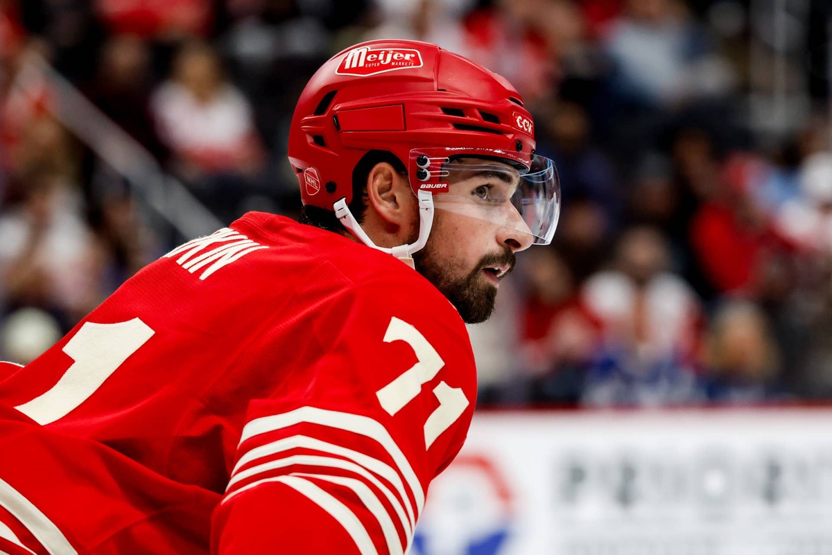 Detroit Red Wings center Dylan Larkin (71) looks on during a stoppage of play. Rick Osentoski-Imagn Images