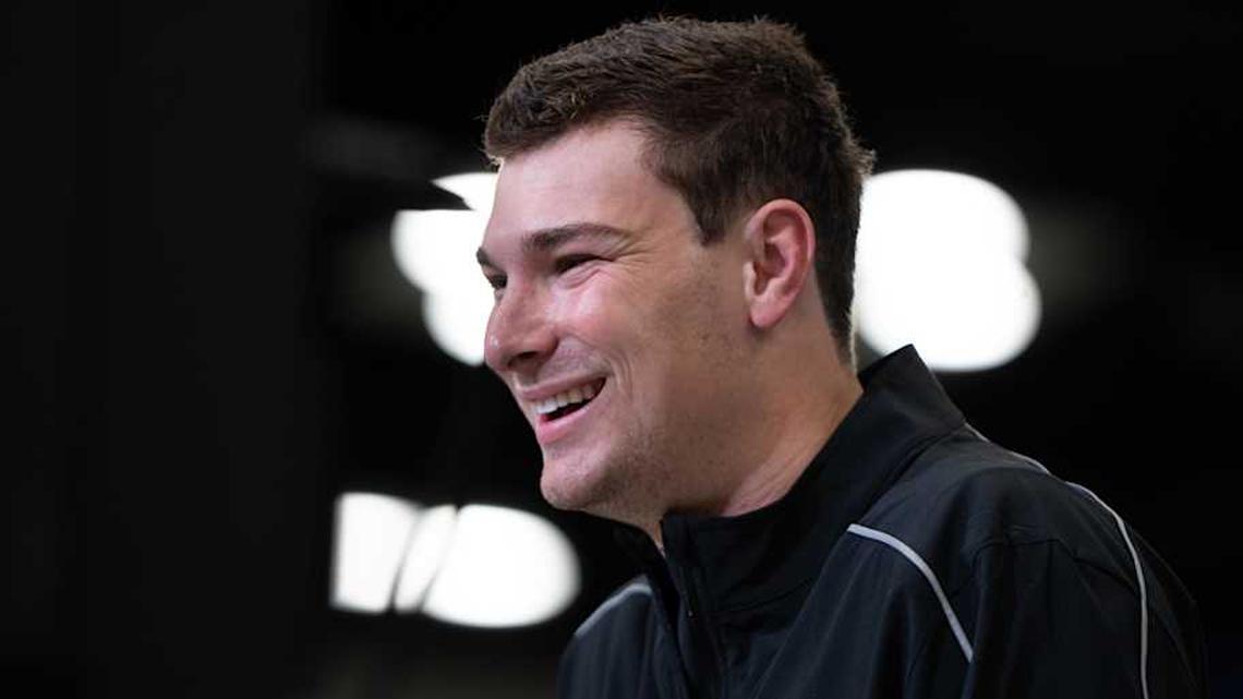  Feb 27, 2026; Indianapolis, IN, USA; Indiana quarterback Fernando Mendoza (QB11) speaks to members of the media during the NFL Combine at the Indiana Convention Center. Mandatory Credit: Jacob Musselman-Imagn Images | Jacob Musselman-Imagn Images 