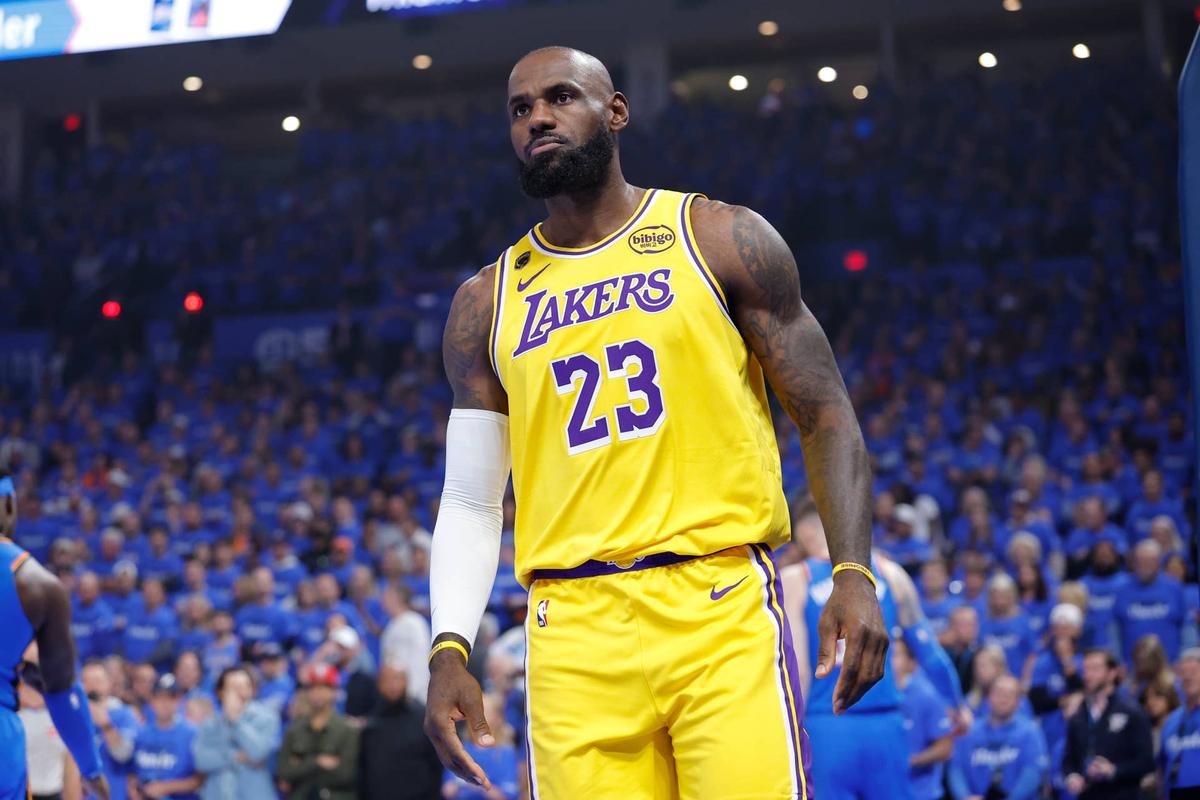  May 5, 2026; Oklahoma City, Oklahoma, USA; Los Angeles Lakers forward LeBron James (23) looks towards his bench after a play against the Oklahoma City Thunder in the first half during game one of the second round of the 2026 NBA Playoffs at Paycom Center. Mandatory Credit: Alonzo Adams-Imagn Images 