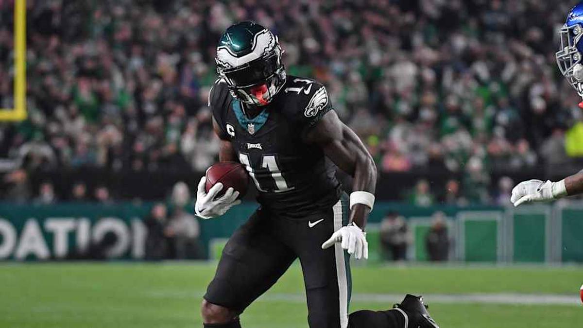  Dec 25, 2023; Philadelphia, Pennsylvania, USA; Philadelphia Eagles wide receiver A.J. Brown (11) runs with the ball against the New York Giants at Lincoln Financial Field. Mandatory Credit: Eric Hartline-Imagn Images | Eric Hartline-Imagn Images 