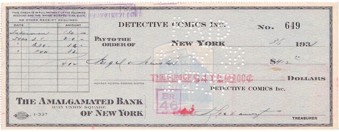 The infamous check signed by Jerry Siegel and Joe Shuster, $130 of which was for Superman.Public Domain