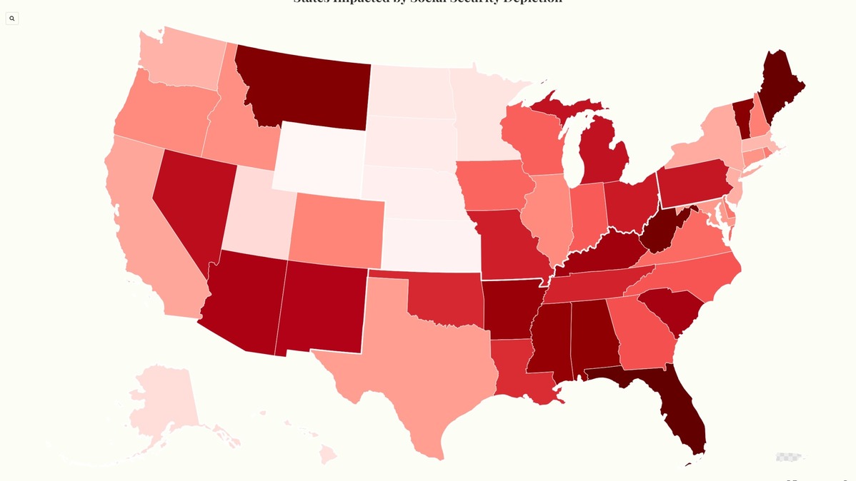 States-Impacted-by-Social-Security-Depletion. A map showing the potential impact of Social Security funding depletion in the next decade. 
