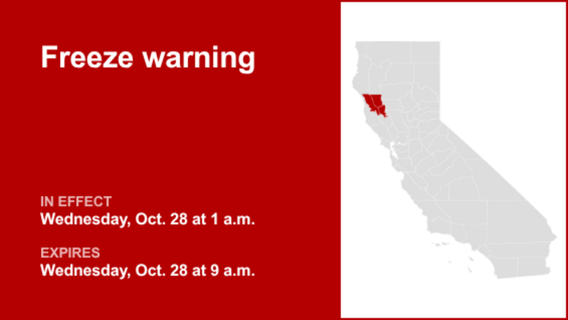 Northern California under a freeze warning Wednesday - temperatures could sink to 26 