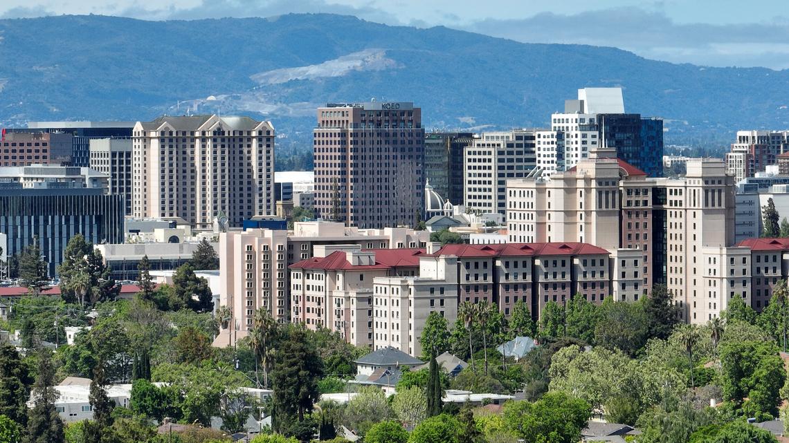 A drone view of downtown San Jose looking northwest in San Jose, Calif., on Wednesday, April 15, 2026. (Nhat V. Meyer/Bay Area News Group)
