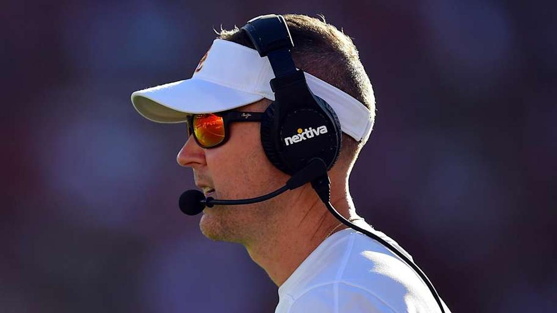  Aug 26, 2023; Los Angeles, California, USA; Southern California Trojans head coach Lincoln Riley watches game action against the San Jose State Spartans during the first half at Los Angeles Memorial Coliseum. Mandatory Credit: Gary A. Vasquez-Imagn Images | Gary A. Vasquez-Imagn Images 