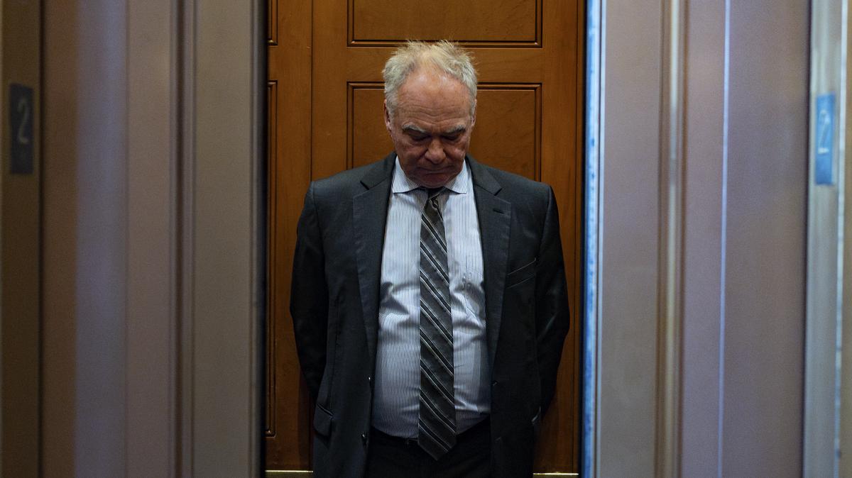 Sen. Tim Kaine (D-Va.) boards an elevator after leaving a vote on the Senate floor to halt the war in Iran at the Capitol in Washington, on Wednesday, May 13, 2026. The effort failed on a vote of 50 to 49, with Sen. John Fetterman (D-Pa.) again joining Republicans in opposition.  Kaine said there was no threat of "any action anytime soon by Iran" to develop nuclear weapons that justified a wide-scale military operation.