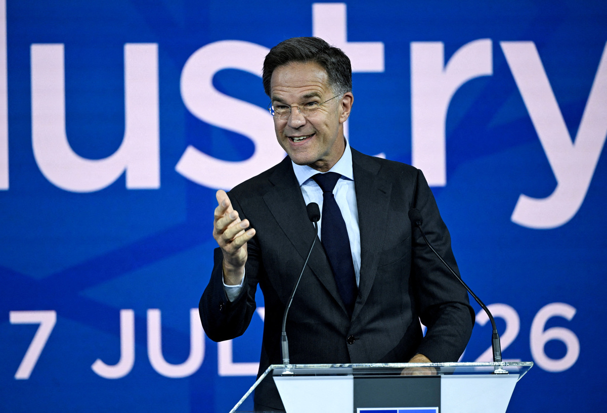 NATO Secretary General Mark Rutte speaks during the NATO Summit Defence Industry Forum as NATO prepares to officially select the Swedish Saab GlobalEye surveillance platform during the Summit in Ankara, Turkey, July 7, 2026.  Lehtikuva/Emmi Korhonen via REUTERS