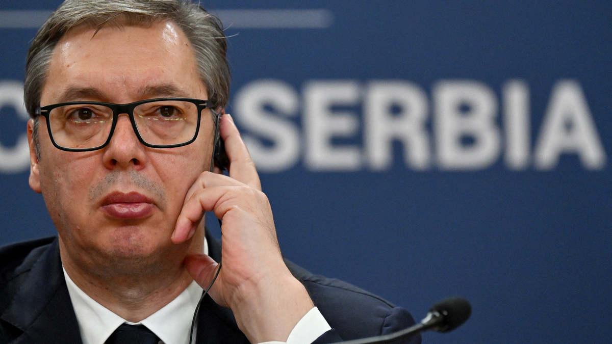 Serbian President Aleksandar Vucic attends a joint news conference with his Turkish counterpart following their meeting in Belgrade on Oct.11, 2024. (Andrej Isakovic/AFP/Getty Images/TNS)