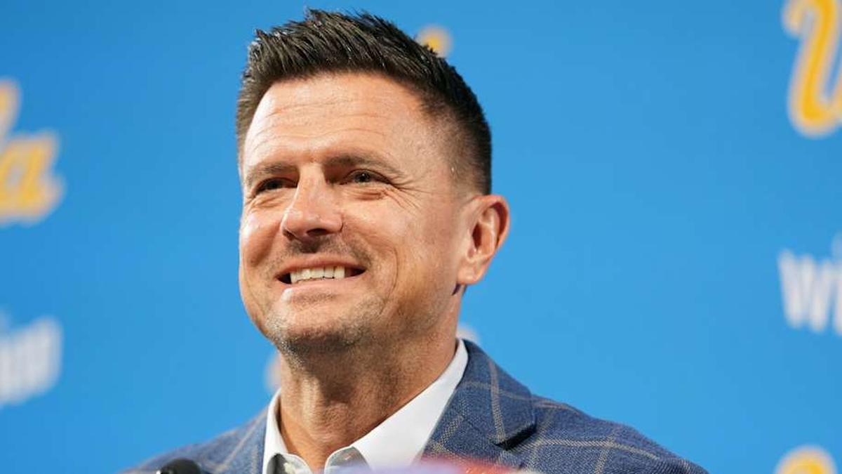  Dec 9, 2025; Los Angeles, CA, USA; Bob Chesney is introduced as UCLA Bruins football coach at press conference at Renee Luskin Conference Center Centennial Ballroom. Mandatory Credit: Kirby Lee-Imagn Images | Kirby Lee-Imagn Images 