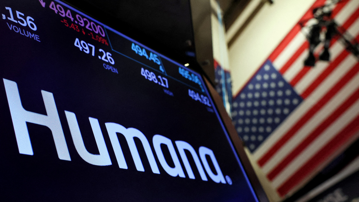 A screen displays the logo and trading information for Humana on the floor at the New York Stock Exchange (NYSE) in New York City, U.S., December 6, 2023.  REUTERS/Brendan McDermid