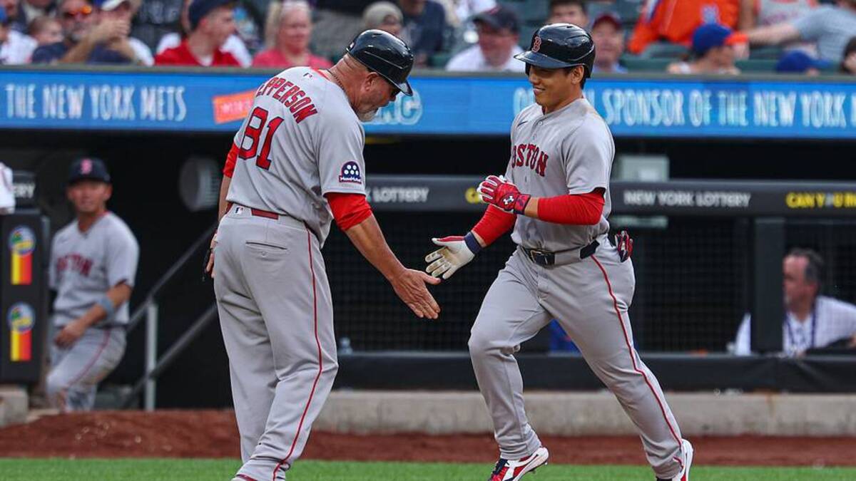  Jul 11, 2026; New York City, New York, USA; Boston Red Sox designated hitter Masataka Yoshida (7) slaps hands with interim third-base coach Chad Epperson (81) after hitting a two-run home run during the eighth inning against the New York Mets at Citi Field. | IMAGN IMAGES via Reuters Connect 