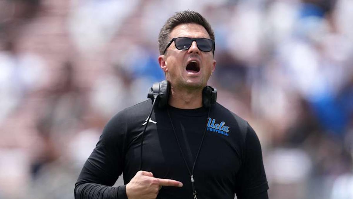  May 2, 2026; Pasadena, CA, USA; UCLA Bruins coach Bob Chesney reacts during the spring game at Rose Bowl. Mandatory Credit: Kirby Lee-Imagn Images | Kirby Lee-Imagn Images 