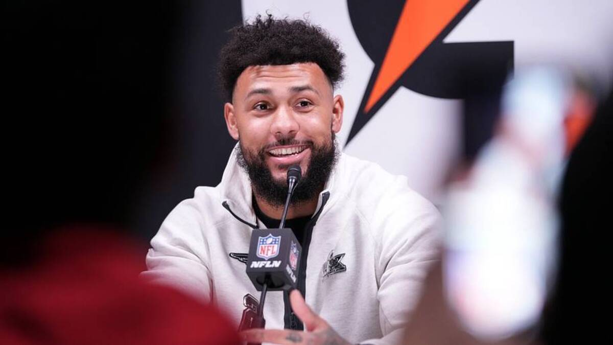  Feb 2, 2026; San Jose, CA, USA; New England Patriots linebacker Harold Landry III (2) speaks to media during Opening Night for Super Bowl LX at San Jose Convention Center. Mandatory Credit: Cary Edmondson-Imagn Images | IMAGN IMAGES via Reuters Connect 