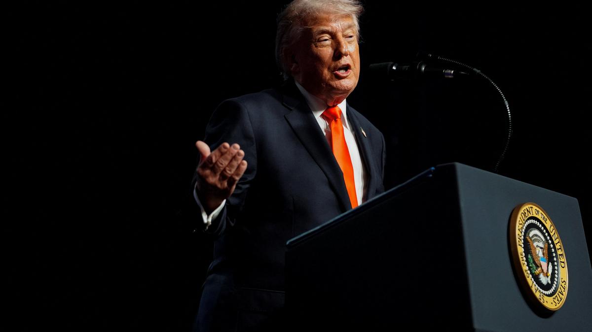 U.S. President Donald Trump speaks during an event at the Raymond F. Kravis Center for the Performing Arts in West Palm Beach, Florida, U.S., May 1, 2026. REUTERS/Nathan Howard