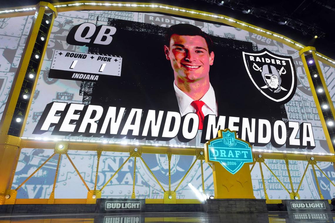  Apr 23, 2026; Pittsburgh, PA, USA; Indiana Hoosiers quarterback Fernando Mendoza is selected by the Las Vegas Raiders as the number one pick during the 2026 NFL Draft at Acrisure Stadium. Mandatory Credit: Kirby Lee-Imagn Images 