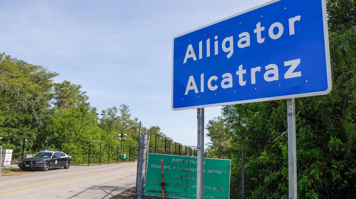 A Florida Highway Patrol trooper’s vehicle is seen outside of the Dade Collier Training and Transition Airport, now repurposed as a detention facility and renamed Alligator Alcatraz, on July 12, 2025 in Ochopee, Florida.