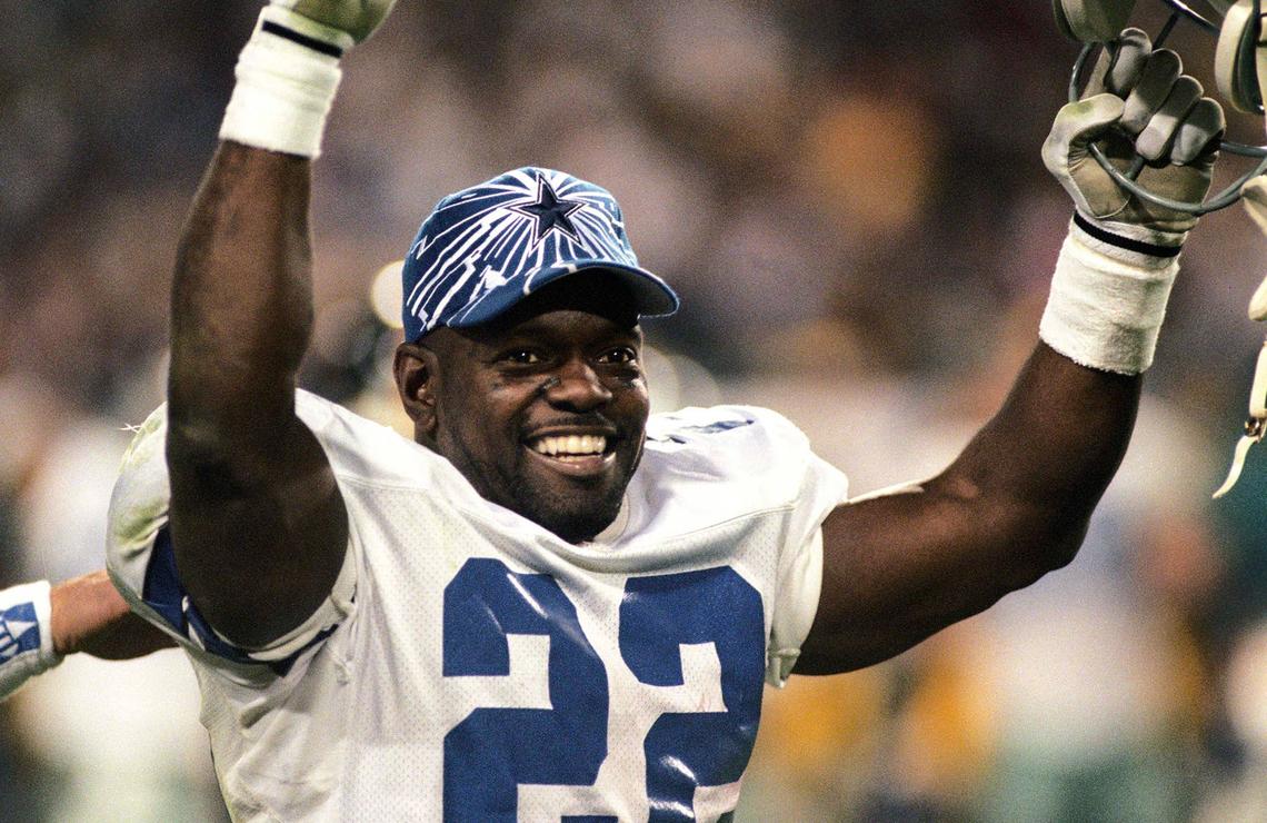  Jan 28, 1996; Tempe, AZ, USA; FILE PHOTO; Dallas Cowboys running back Emmitt Smith (22) reacts on the sidelines during Super Bowl XXX at Sun Devil Stadium. Dallas defeated Pittsburgh 27-17. Mandatory Credit: Randy Reid/The Arizona Republic-USA TODAY Sports 