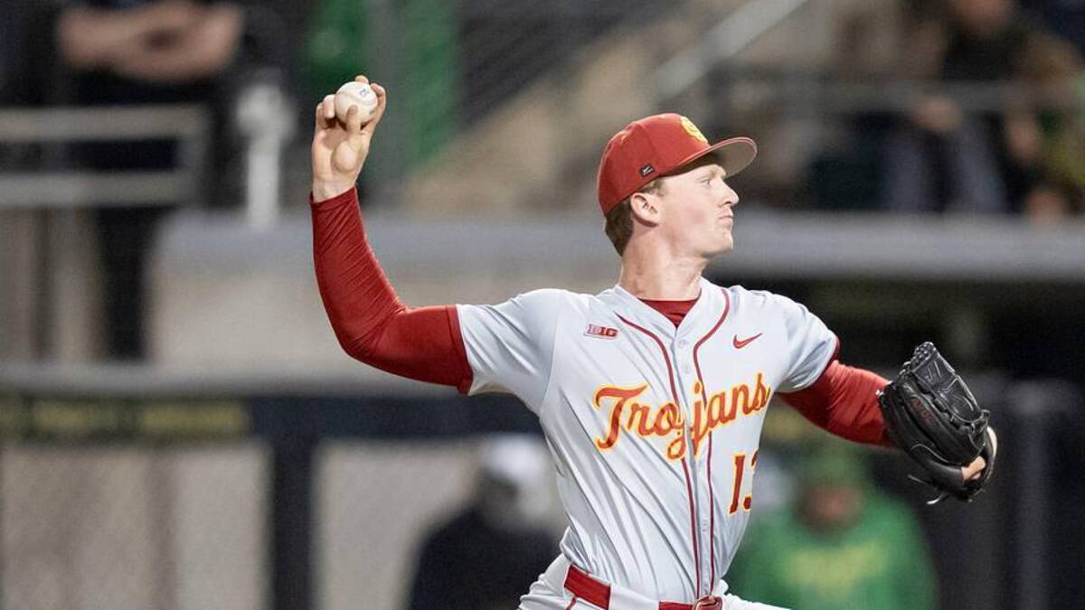  USC pitcher Andrew Johnson throws a pitch as the Oregon Ducks host the USC Trojans on May 14, 2026, in Eugene, Oregon. | Ben Lonergan/The Register-Guard / USA TODAY NETWORK via Imagn Images 