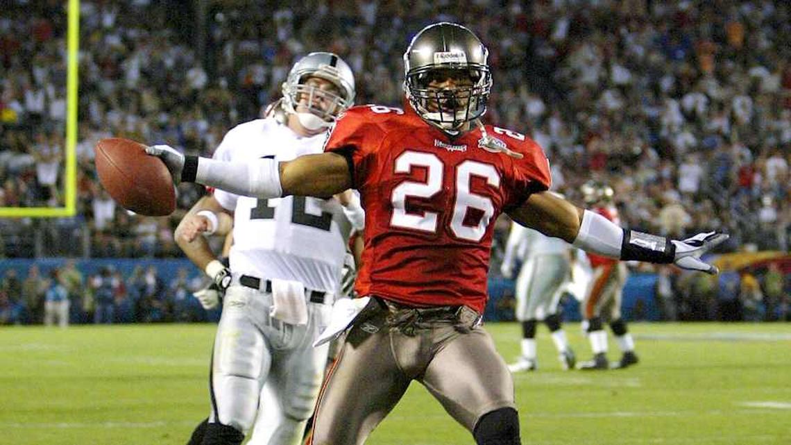  Most interceptions returned for TD: 2 -- Dwight Smith, Tampa Bay Buccaneers, Super Bowl XXXVII | JACK GRUBER / USA TODAY NETWORK via Imagn Images 