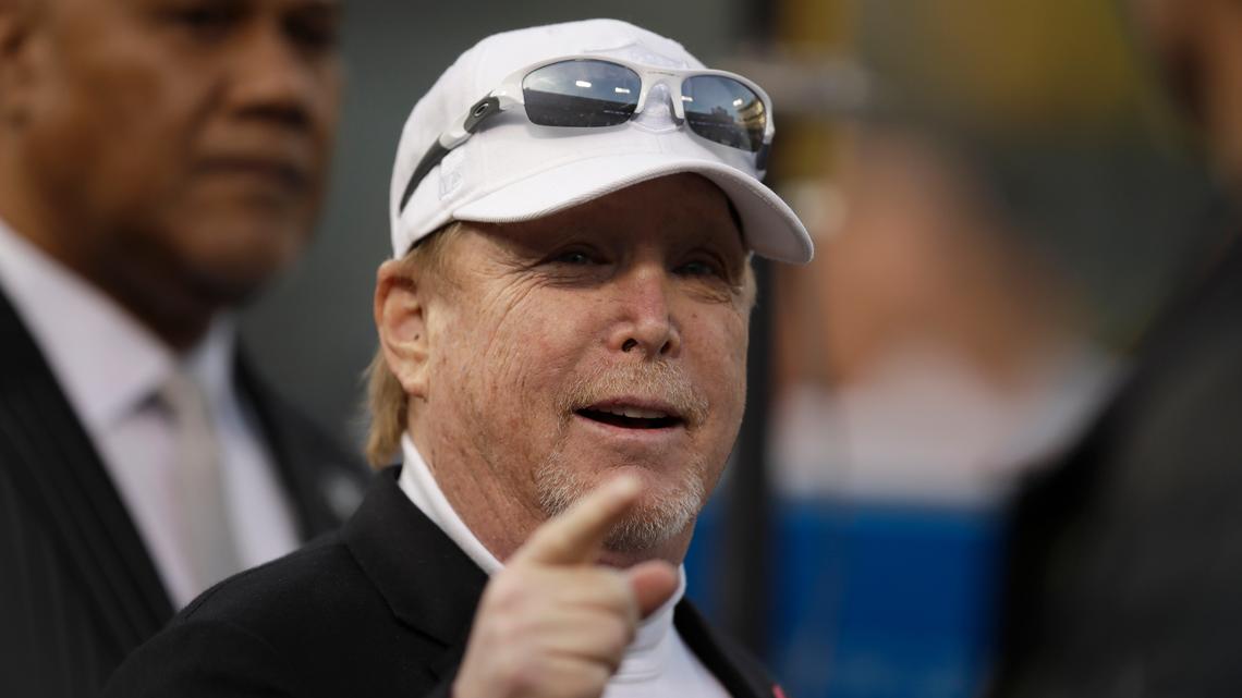 FILE - In this Thursday, Nov. 7, 2019 file photo, Oakland Raiders owner Mark Davis before an NFL football game between the Raiders and the Los Angeles Chargers in Oakland, Calif. Mark Davis is all in on the Las Vegas Aces. The Raiders owner was officially approved by the WNBA Board of Governors last week.(AP Photo/Ben Margot, File)