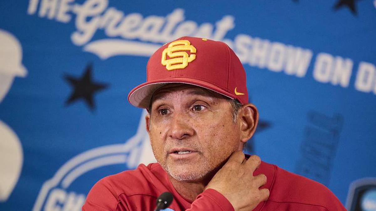 May 31, 2025; Corvallis, OR, USA; USC head coach Andy Stankiewicz takes questions after a game against Saint Mary's at the NCAA Corvallis Regional at Goss Stadium. | Troy Wayrynen-Imagn Images 