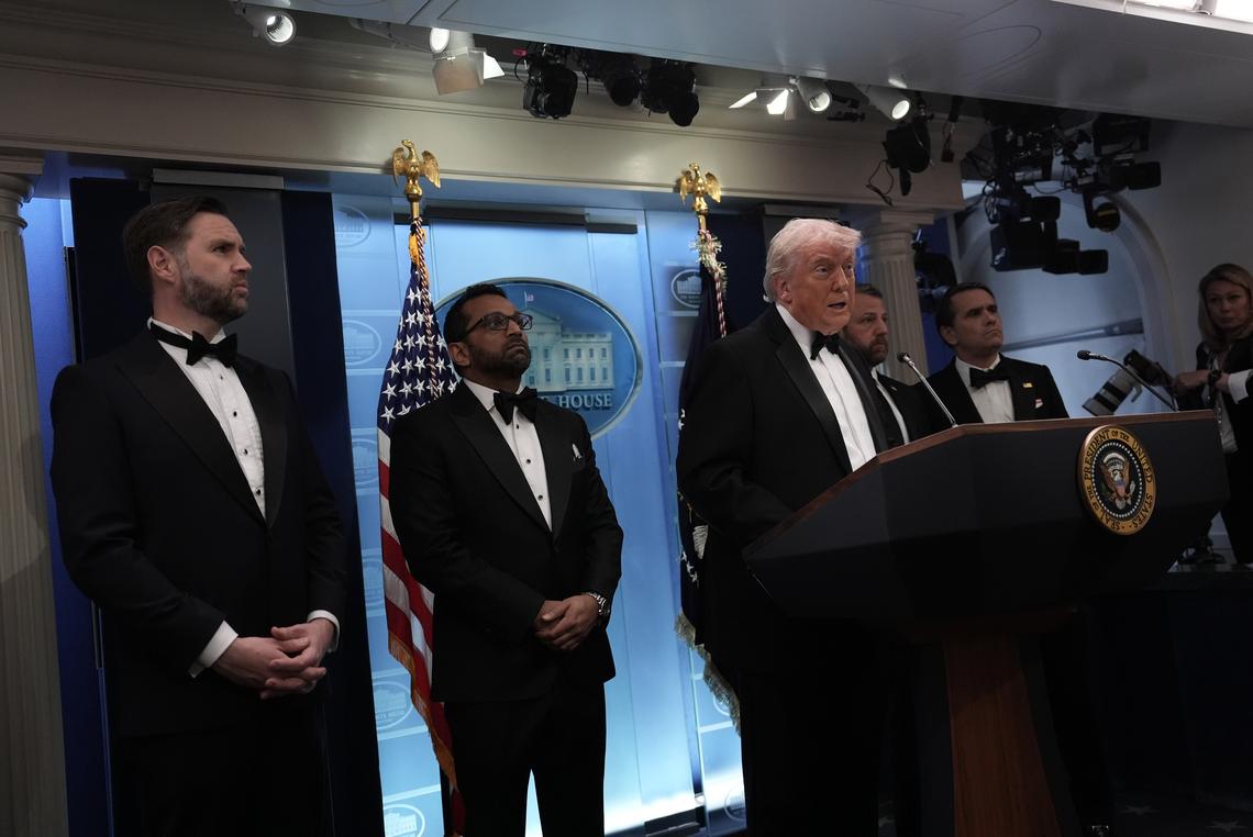 President Donald Trump briefs reporters at the White House after shots were fired during the White House Correspondents' Association dinner at the Washington Hilton on Saturday, April 25, 2026. He is joined by, from left: Vice President JD Vance; FBI Director Kash Patel; Homeland Security Secretary Markwayne Mullin; and Acting Attorney General Todd Blanche. (Salwan Georges/The New York Times)