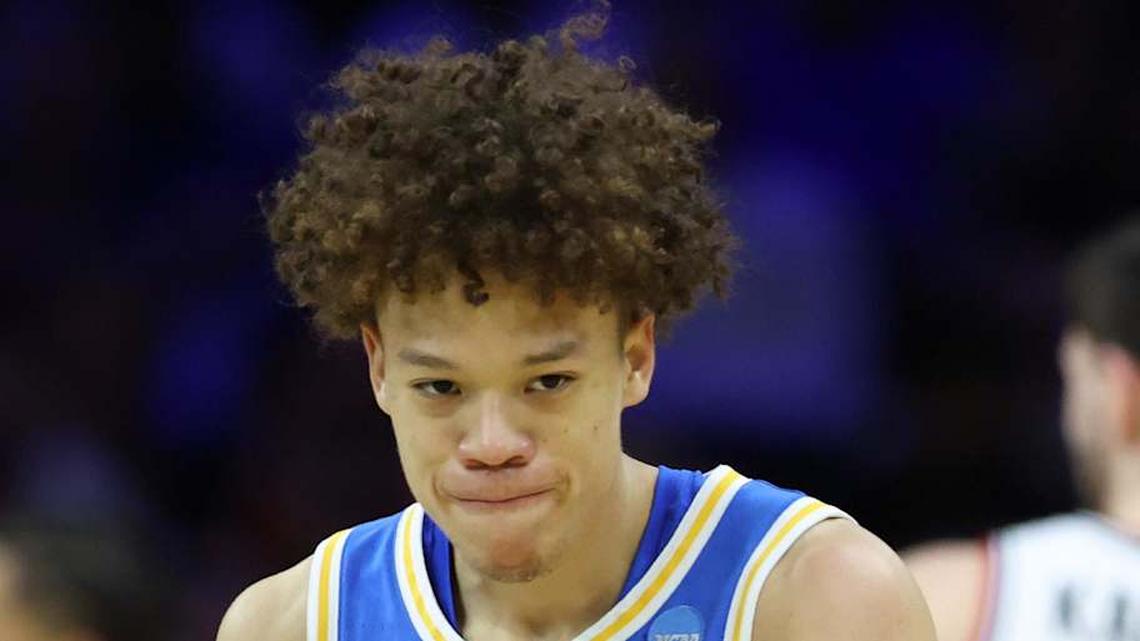  Mar 22, 2026; Philadelphia, PA, USA; UCLA Bruins guard Trent Perry (0) reacts against the UConn Huskies in the first half during a second round game of the men's 2026 NCAA Tournament at Xfinity Mobile Arena. Mandatory Credit: Bill Streicher-Imagn Images | Bill Streicher-Imagn Images 