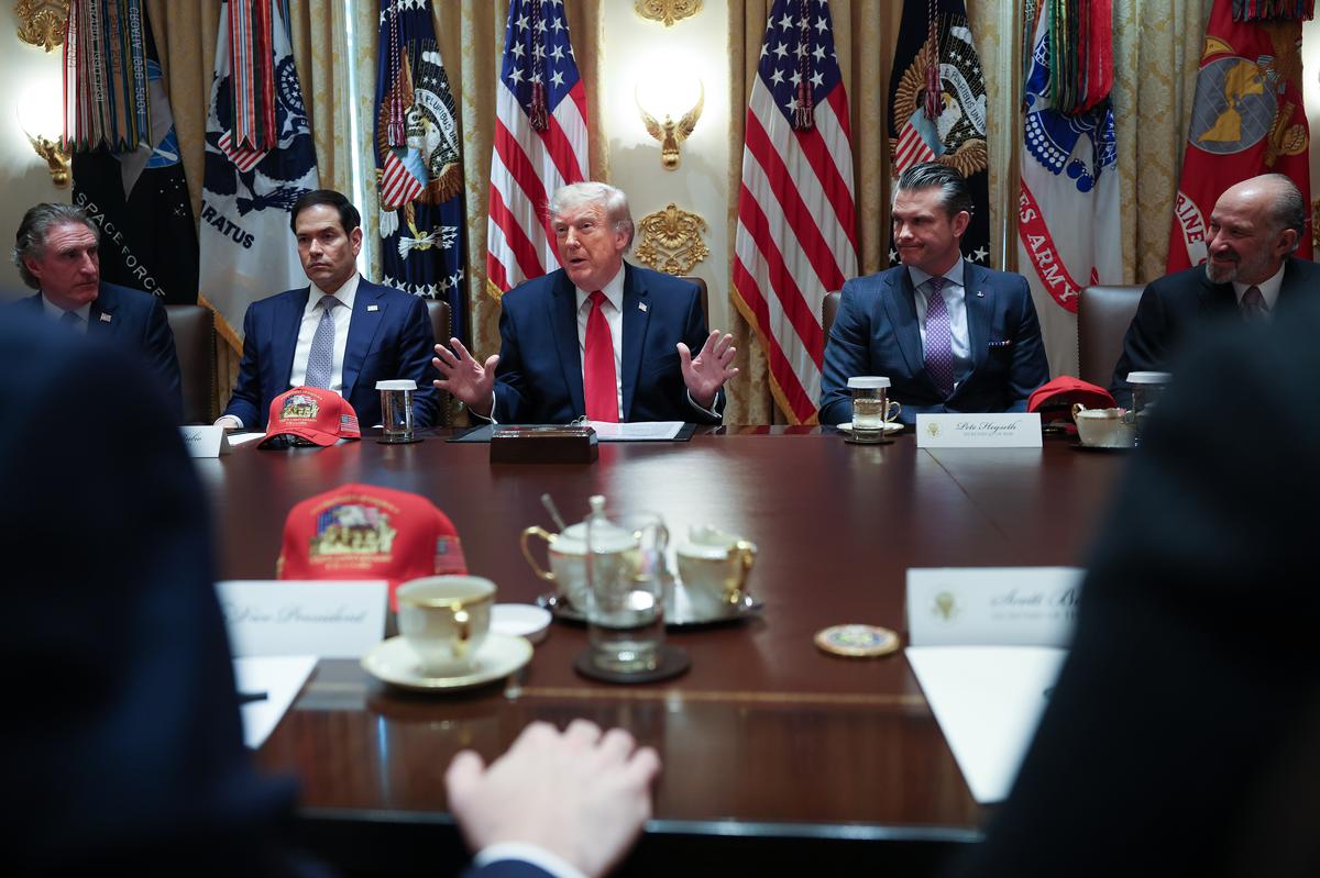  U.S. President Donald Trump speaks during a Cabinet Meeting in the Cabinet Room of the White House on May 27, 2026 in Washington, DC. 