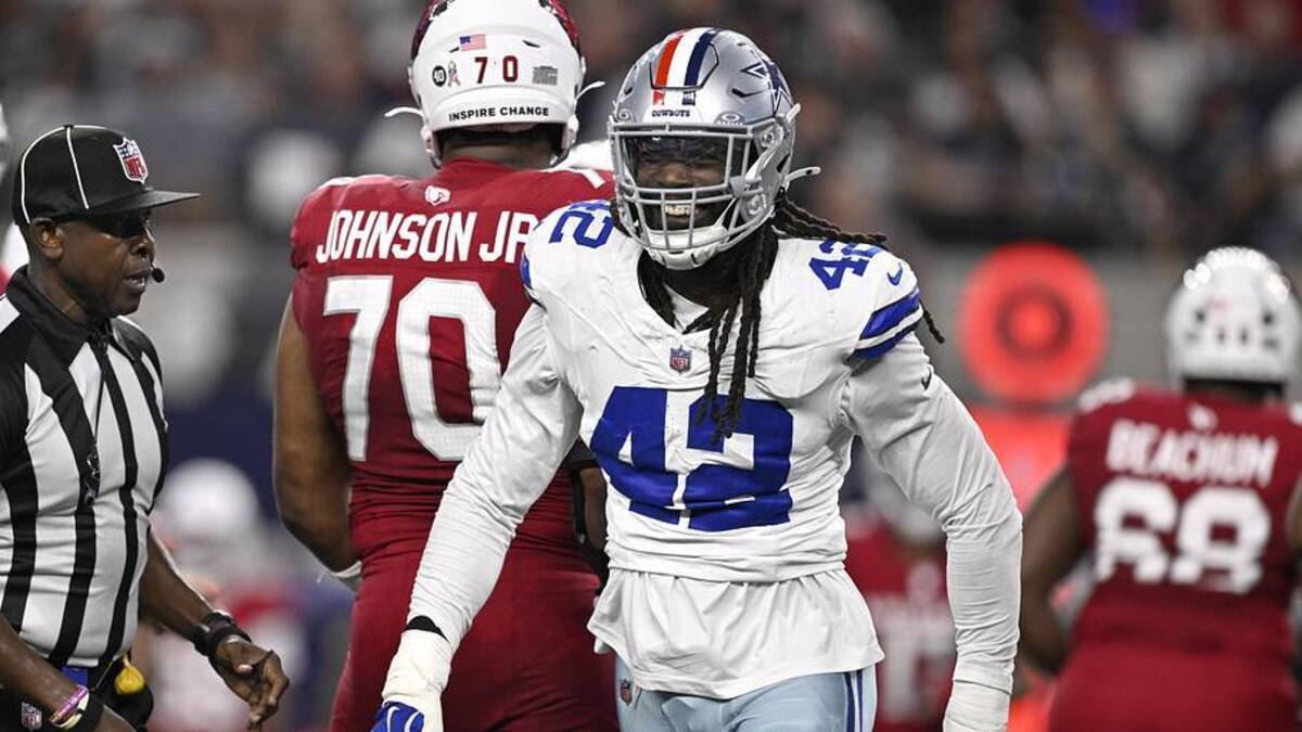  Nov 3, 2025; Arlington, Texas, USA; Dallas Cowboys defensive end Jadeveon Clowney (42) reacts after a sack against Arizona Cardinals quarterback Jacoby Brissett (7) in the first half at AT&T Stadium. Mandatory Credit: Jerome Miron-Imagn Images | Jerome Miron-Imagn Images 