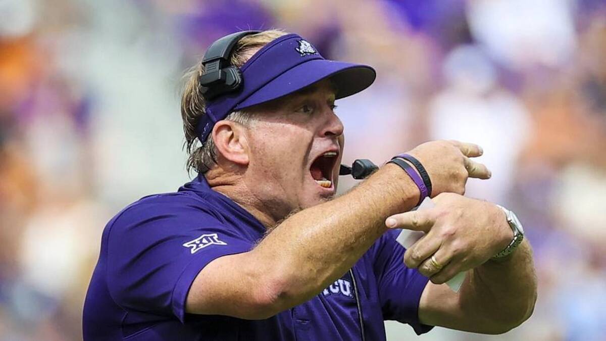  Oct 2, 2021; Fort Worth, Texas, USA; TCU Horned Frogs head coach Gary Patterson reacts during the first half against the Texas Longhorns at Amon G. Carter Stadium. Mandatory Credit: Kevin Jairaj-Imagn Images | Kevin Jairaj-Imagn Images 